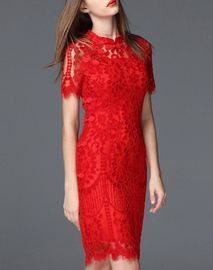 latest design Red Lace Classic H Line Midi Dress