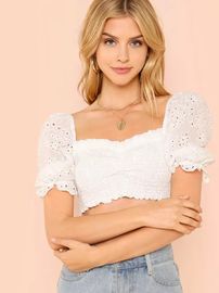 Wholesale Western Boutique Clothing White Cotton Crop Smock Blouses For Women 2018