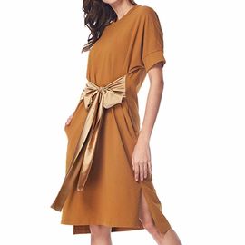 Simple Solid Casual Loose Pocket T Shirt Loose Dress With Belt