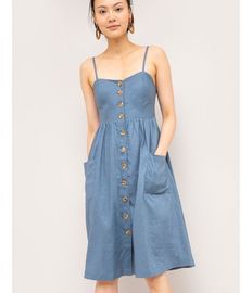 Summer chambray midi linen dress with a fit & flare silhouette and a button up front