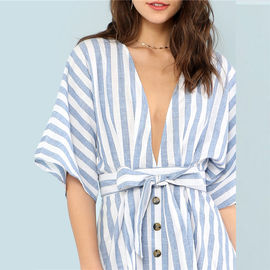 Women Sweet V Neck Tied Open Back Striped Dress With Tassel