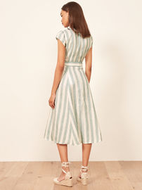 Boho Ladies Sex Linen Stripe Midi Dresses With Pocket Dress for Women