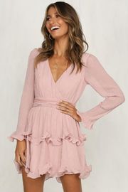 Fashion women Long Sleeve V neck Pink Vintage Dress