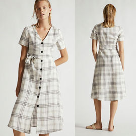 Summer Clothing Women V Neck Midi Checked Linen Dress