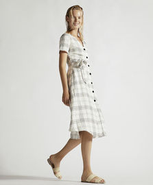 Summer Clothing Women V Neck Midi Checked Linen Dress