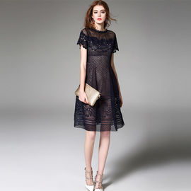 =Women Black Pierced Lace Sheer Midi Dress