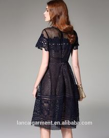 =Women Black Pierced Lace Sheer Midi Dress