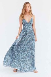 women chiffon spaghetti strap maxi dress with back tie net