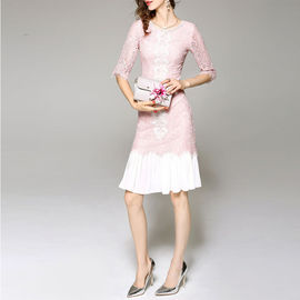 2016 Latest Design Women Pink Crocheted Lace Flounce Midi Dress