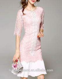 2016 Latest Design Women Pink Crocheted Lace Flounce Midi Dress