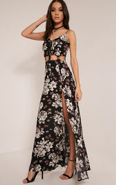 Women spaghetti strap printed fancy black cut out maxi dress