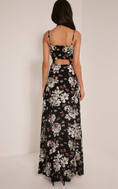 Women spaghetti strap printed fancy black cut out maxi dress