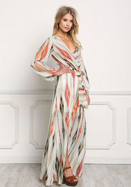 Printed chiffon linear high slit long dress casual long sleeve