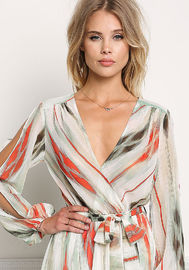 Printed chiffon linear high slit long dress casual long sleeve