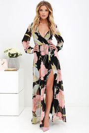 Black floral print maxi style fashion dress 2016 women clothing