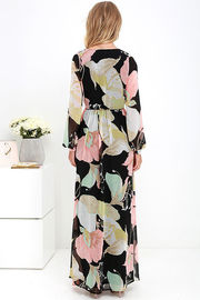 Black floral print maxi style fashion dress 2016 women clothing