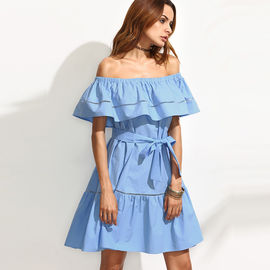 Fashion blue tie waist hollow insert ruffle off the shoulder dress