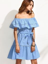 Fashion blue tie waist hollow insert ruffle off the shoulder dress