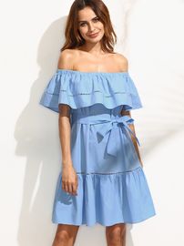 Fashion blue tie waist hollow insert ruffle off the shoulder dress