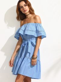 Fashion blue tie waist hollow insert ruffle off the shoulder dress