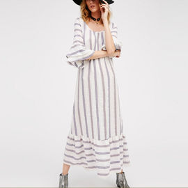 Latest Design New Spring Woman Striped Maxi Dress Round Neckline Flared Sleeves Dress for Ladies