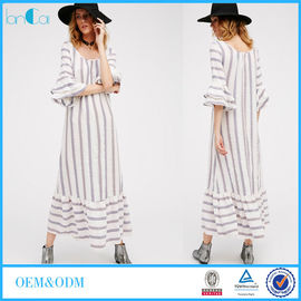 Latest Design New Spring Woman Striped Maxi Dress Round Neckline Flared Sleeves Dress for Ladies