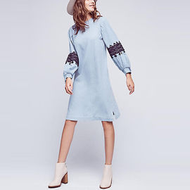 Latest long sleeve spring women blue embroidered t shirt dress