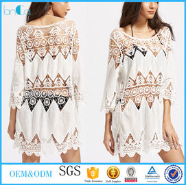 Summer white maxi dress hollow out crochet hem women dress with three quarter sleeves