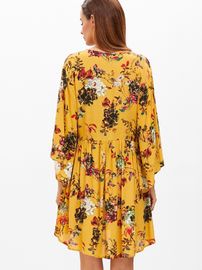 Alibaba long sleeve yellow floral print v neck maxi dress women