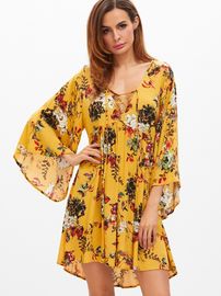 Alibaba long sleeve yellow floral print v neck maxi dress women