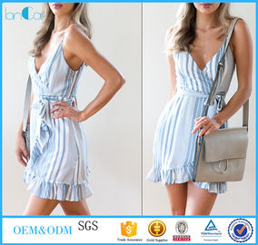 Dresses for women light blue and white stripe mini dress Asymmetrical hem