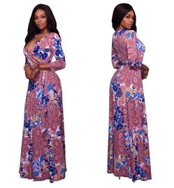 Floral print v-neckline long sleeve maxi dress for women