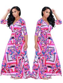 Floral print v-neckline long sleeve maxi dress for women