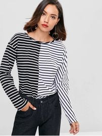 Antumn Women Contrasting Stripes Long Sleeve T-shirt