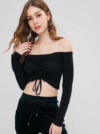 Women Off Shoulder And Long Sleeve Drawstring Front Crop T-shirt