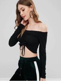 Women Off Shoulder And Long Sleeve Drawstring Front Crop T-shirt