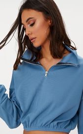 Zip front crop sweater long sleeves blue