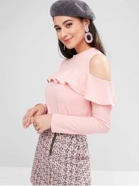 Cheap Wholesale Ruffle Clothing Long Sleeve Cold Shoulder T Shirt Tops