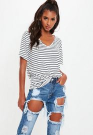 White and Navy Striped V Neck Boyfriend Clothing T Shirt Women