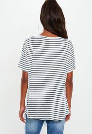 White and Navy Striped V Neck Boyfriend Clothing T Shirt Women