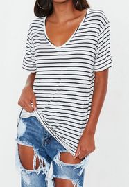 White and Navy Striped V Neck Boyfriend Clothing T Shirt Women