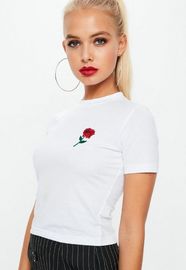 White Rose Embroidered Crop T Shirt Clothing Women