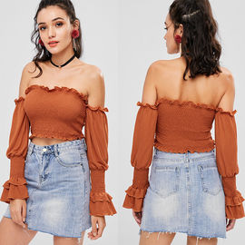 Off The Shoulder Ladies Ruffle Long Sleeve louses Shoulder Off Smocked Crop top for Women