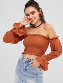 Off The Shoulder Ladies Ruffle Long Sleeve louses Shoulder Off Smocked Crop top for Women