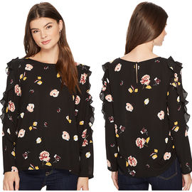 Fall Clothing W Ruffle Long Sleeve Detail Black Blouse Floral Ladies Tops