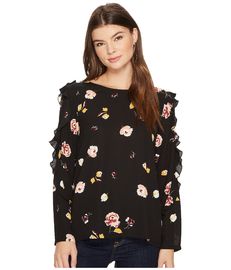 Fall Clothing W Ruffle Long Sleeve Detail Black Blouse Floral Ladies Tops