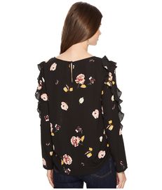 Fall Clothing W Ruffle Long Sleeve Detail Black Blouse Floral Ladies Tops