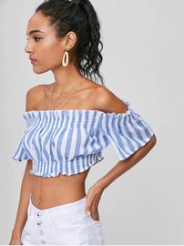 Apparel Womens Striped Off Shoulder Cropped Top