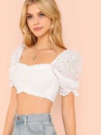 Wholesale Western Boutique Clothing White Cotton Crop Smock Blouses For Women 2018