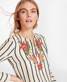 2018 New Design Mexican Floral-Embroidered Women Linen Tunic Tops